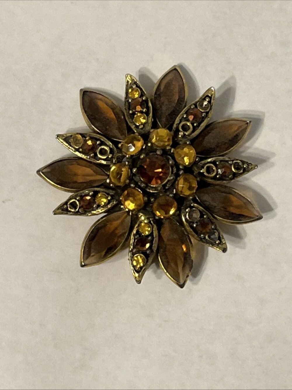 Vintage Signed Hollycraft Amber Bronze & Gold Flower Brooch Pin